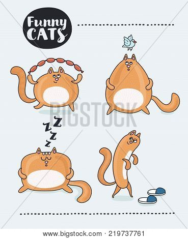 Vector set of red comic cartoon cat. Funny cartoon happy jumping and running with sausages, listening a blue bird. Puzzled look. One plotting to shit in your sippers footwear and spoils it, snoring animal. For print or poster Isolated object.
