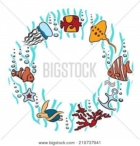 Circular ornament - a template with marine life. Fish, seaweed, jellyfish, shell, anchor. With space for text. For design of banners, leaflets of aquarium shops and sites. Vector illustration.