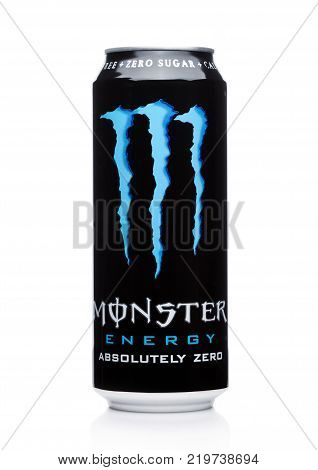 London, Uk - December 15, 2017: A Can Of Monster Energy Drink Juiced On White. Introduced In 2002 Mo