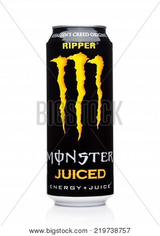London, Uk - December 15, 2017: A Can Of Monster Energy Drink Juiced On White. Introduced In 2002 Mo