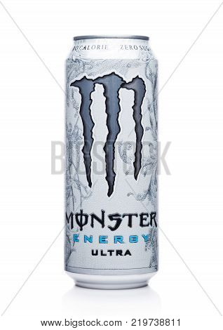 London, Uk - December 15, 2017: A Can Of Monster Energy Drink Ultra On White. Introduced In 2002 Mon