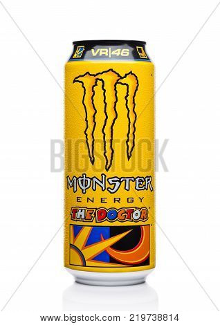 London, Uk - December 15, 2017: A Can Of Monster Energy Drink The Doctor Edition On White. Introduce