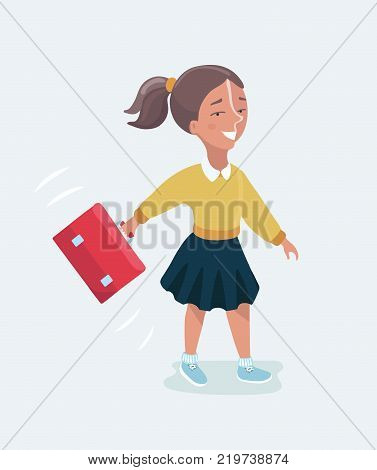 Vector cartoon funny cute illustration of happy schoolgirl with a backpack going to school
