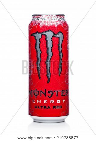 London, Uk - December 15, 2017:  A Can Of Monster Energy Drink Ultra Red On White. Introduced In 200