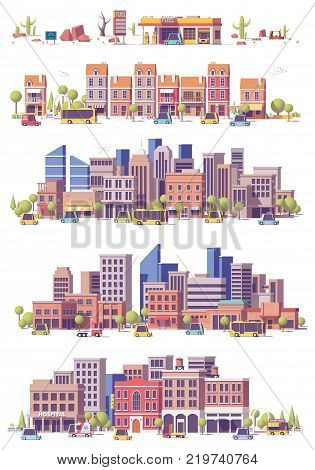 Vector low poly 2d city scenes set