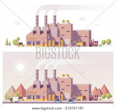 Vector low poly 2d factory building with conveyor