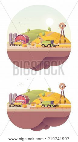 Vector low poly farm field works panorama