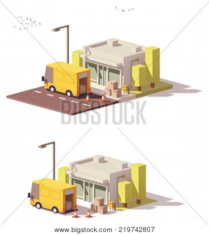 Vector low poly shop icon and truck unloading boxes with goods