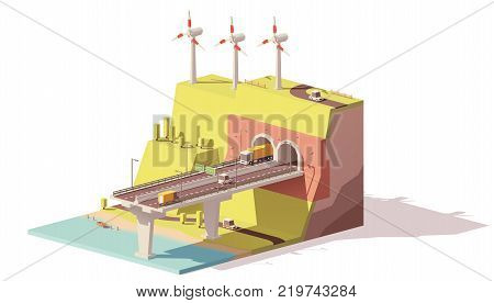 Vector low poly landscape with highway, bridge, tunnel and wind farm on the hill
