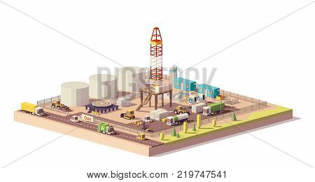 Vector low poly land oil or gas drilling rig and related machinery and structures