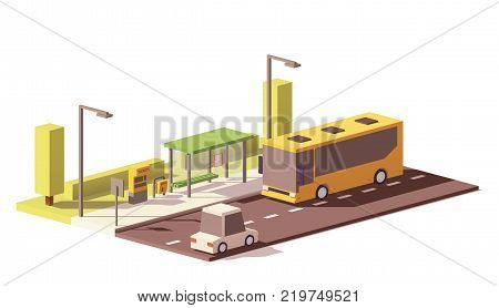Vector low poly bus on the bus stop with ticket machine and litter bin