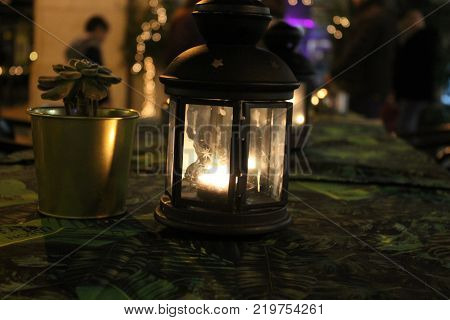 Small Lantern With Candle Inside In Night Photo