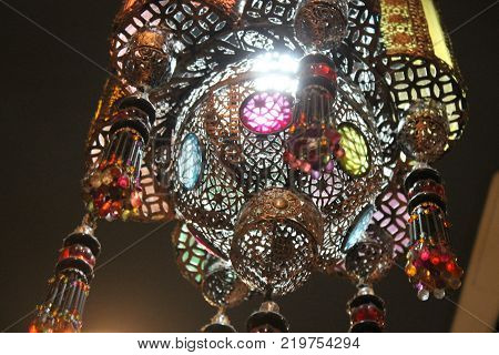 Typical Indian Lamp In Colored Glass With Texture And Soft Light