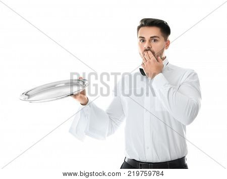 Waiter with empty tray on white background