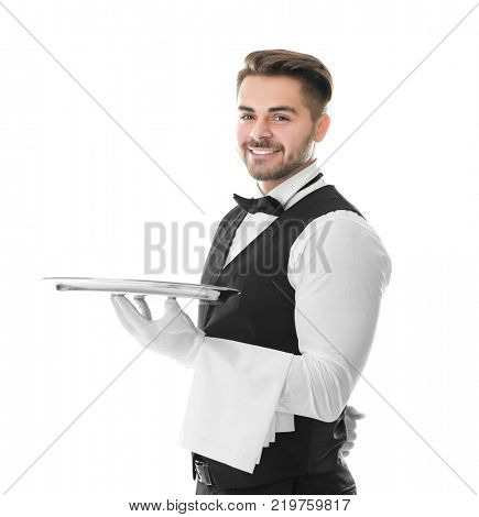 Waiter with empty tray on white background