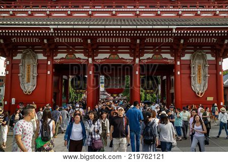 Tokyo - Japan, June 17, 2017; Tourists at Edo era Hozomon entrance of Sensoji, also known as Asakusa Kannon Temple, Asakusa  