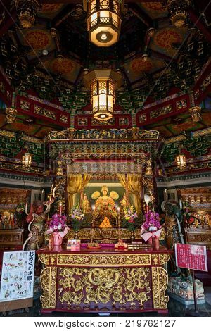 Yokohama - Japan, June 16, 2017; Altar of Mazu, the Goddess of the Sea is worshipped at the Mazu Temple, China town in Yokohama city