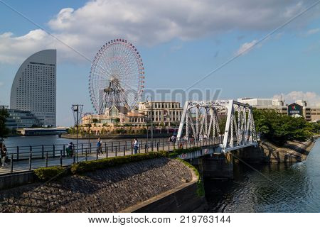 Yokohama - Japan, June 15, 2017 ;  View to Cosmo Clock 21,  a giant Ferris wheel at the Cosmo World amusement park in the Minato Mirai  