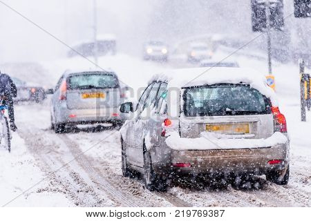 Driving in snow storm on British Road.