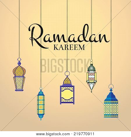 Vector Ramadan illustration with haning lanterns and arabic city silhouette. Arabian islamic kareem celebration