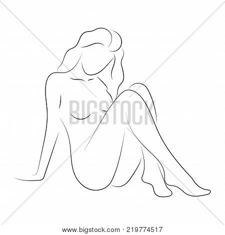 Female figure. Outline of young girl. Stylized slender body. Black and white vector illustration. Contour of a slender figure.