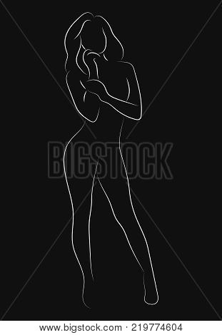 Female figure. Outline of young girl. Stylized slender body. Black and white vector illustration. Contour of a slender figure.