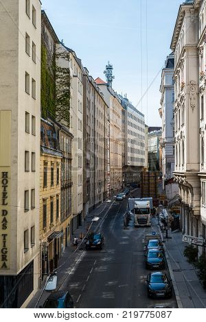 Vienna,  Austria - August 16, 2017: Tiefer Graben street in historical city center of Vienna. High angle view