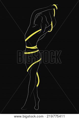 Female figure. Outline of young girl. Stylized slender body. Black and white vector illustration. Contour of a slender figure.