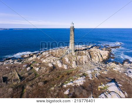Aerial view of Thacher Island Lighthouse on Thacher Island, Cape Ann, Massachusetts, USA. Thacher Island Lighthouses was built in 1771.