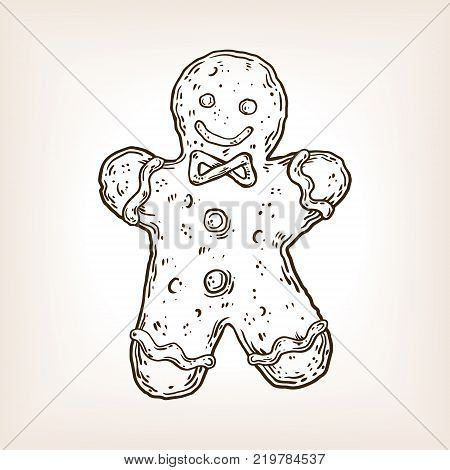 Cookie man engraving vector illustration. Brown aged background. Scratch board style imitation. Hand drawn image.