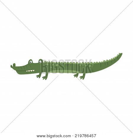 Funny cartoon alligator crocodile character. Green animal with sharp teeth. Tropical aquatic reptile. Zoo theme. Vector illustration isolated on white. Flat design for book cover, poster or sticker.
