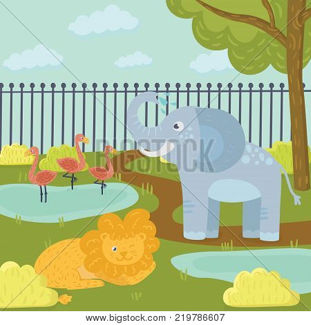 Funny cartoon animals in zoo park. Three flamingos standing in pond, elephant spraying water, lion lying on grass. Trees, bushes and fence on background. Flat vector for children book, print or poster
