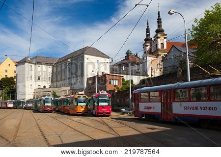 Olomouc Czech Republic - May 5 2017: The tram stop in the historic center of Olomouc.Famous unesco heritage city and tourist attraction.