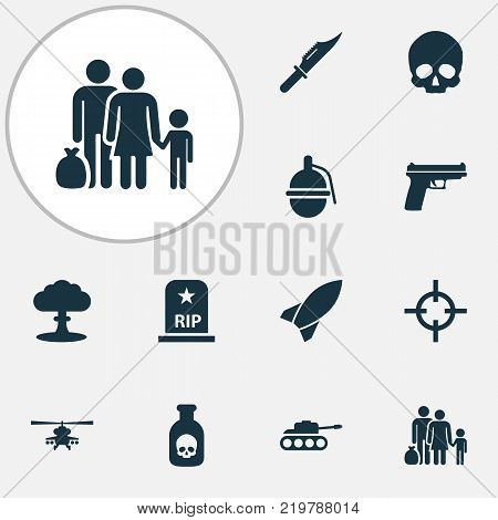 Combat icons set with rip, missile, fugitive and other target elements. Isolated vector illustration combat icons.