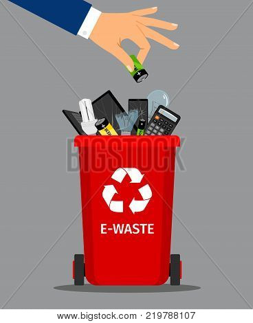 Businessman hand put battery in office trash recycle bin for garbage, vector illustration