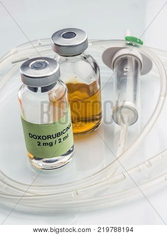 Doxorubicin Vial with drip irrigation, medicine used for acute lymphatic leukemia disease, conceptual image