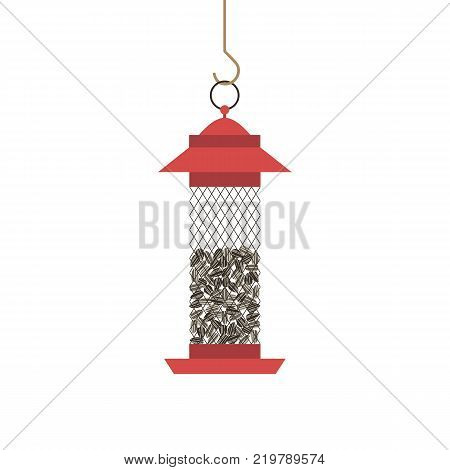 Bird feeder with whole sunflower seeds icon isolated on white. Flat cartoon minimalism simplicity design. Food for birds. Feeding by seed in winter season. Template background. Vector illustration