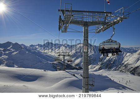 Ischgl, Austria - December 25, 2017: Ski chairlift at Ischgl / Samnaun ski mountain resort, Austria at winter time