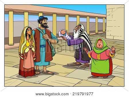 Dedication of Jesus. Josef, Mary, Simeon and Anna the prophetess in the Temple.