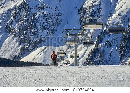 Ischgl, Austria - December 25, 2017:  Skiers on ski slope at Ischgl, Austria