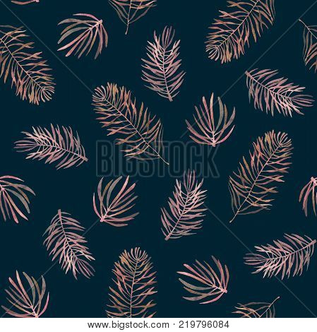 Watercolor seamless pattern with spruce branches on a dark background. Fabric design.