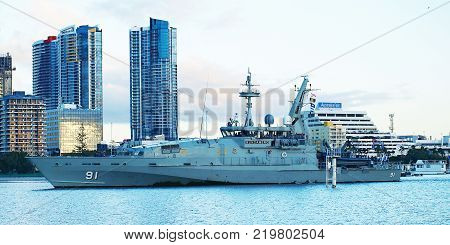 Gold Coast Australia - July 25: Warship Bundaberg visits the Gold Coast. Preparing to dock at Southport Yacht Club Marina on June 25. 2010 in Main Beach Gold Coast Queensland Australia.
