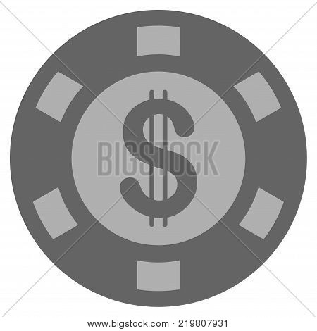 Dollar grey casino chip pictograph. Vector style is a gray silver flat gambling token item.