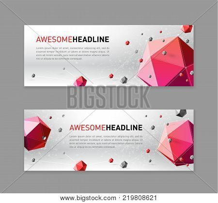 3d lowpoly abstract flyer template. Archimedean red solids vector illustration concept