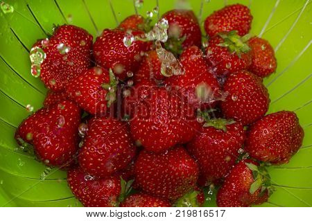 Bowl of organic strawberry in the sink under running water.