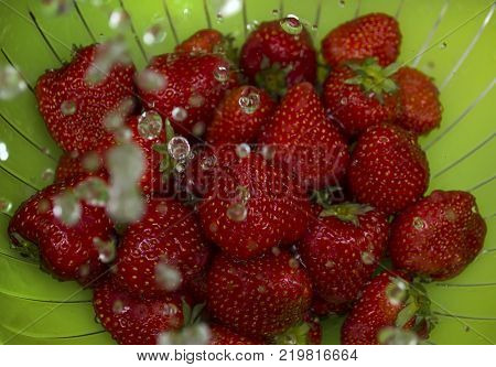 Bowl of organic strawberry in the sink under running water.