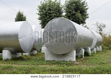 Silver tanks for storage of fertilizers. Agricultural buildings.