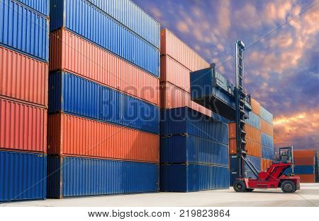 Forklift Handling Container In Yard,containers Box From Cargo Freight Ship For Import Export.
