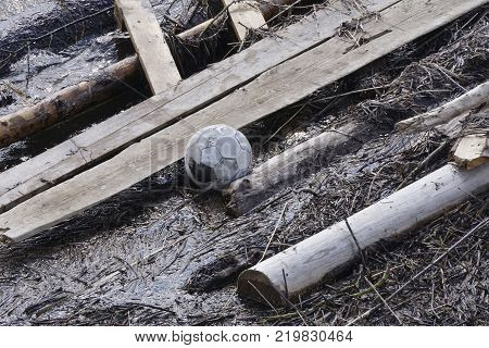 a pile of garbage and on the lake shore