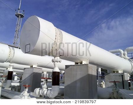 Heat exchangers in a refinery. The equipment for oil refining.
